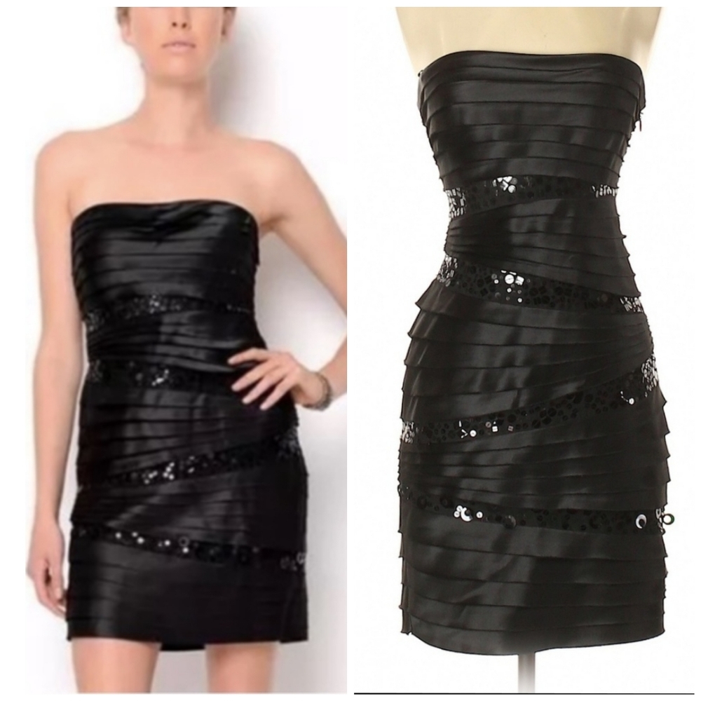 BCBGMAXAZRIA Black Strapless Tiered Sequin Cocktail Dress Size 0 Party Mini